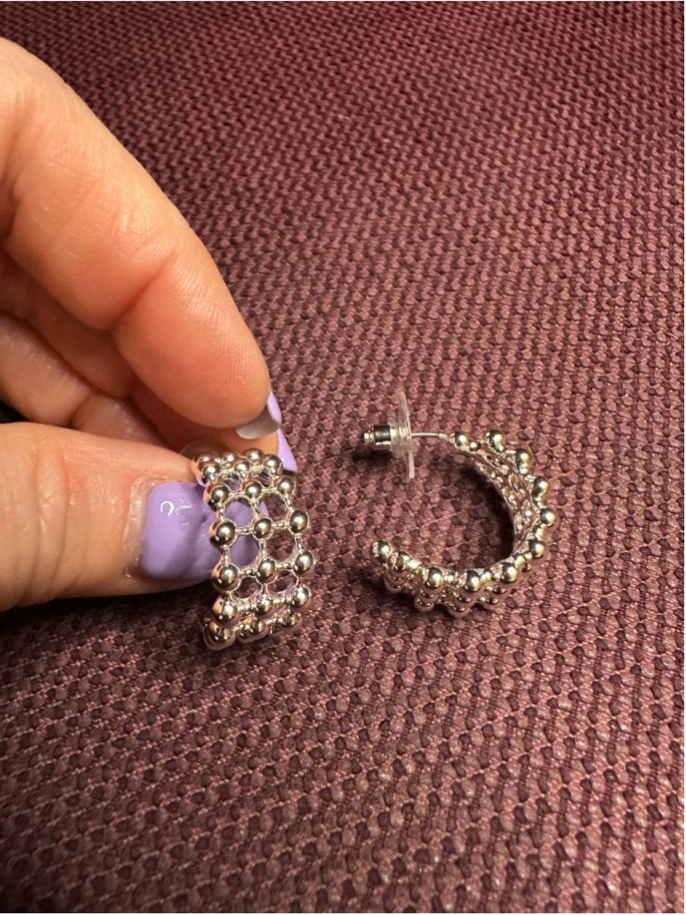 Silver Tone Mesh Bead Hoop Earrings